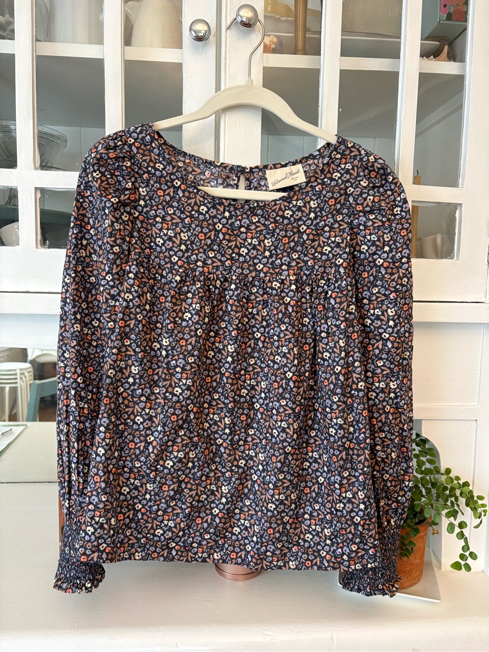 Universal Thread Navy Floral Smocked Cuff Blouse